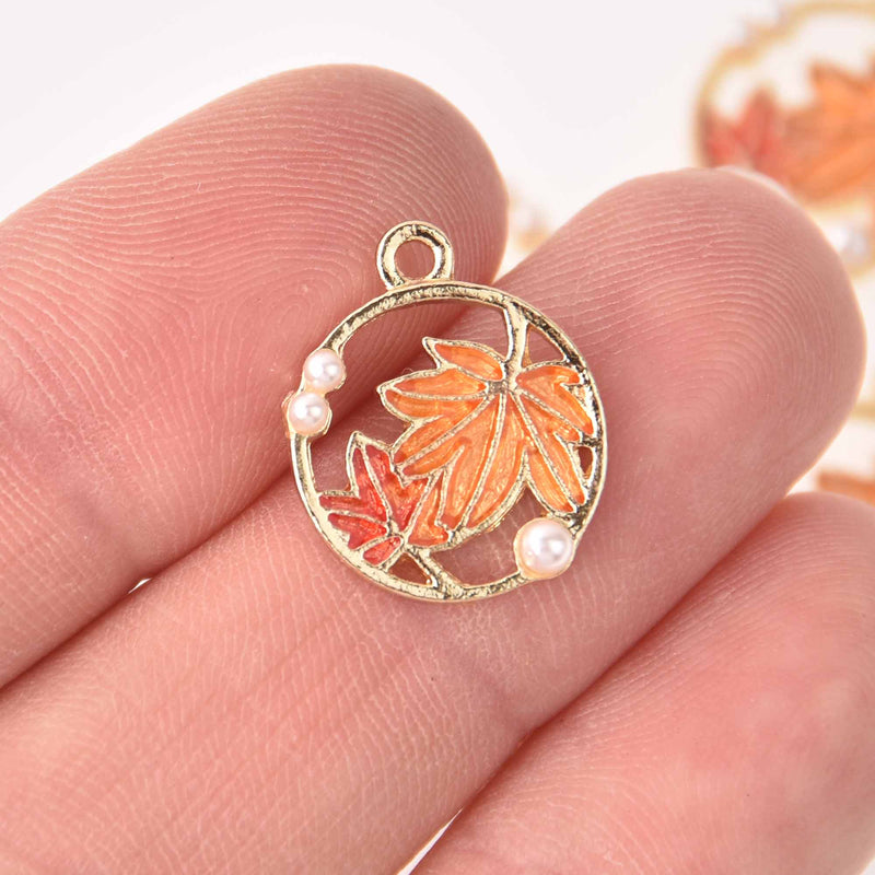4 Enamel Leaf Charms Gold with Autumn Colors, faux pearls, chs7852