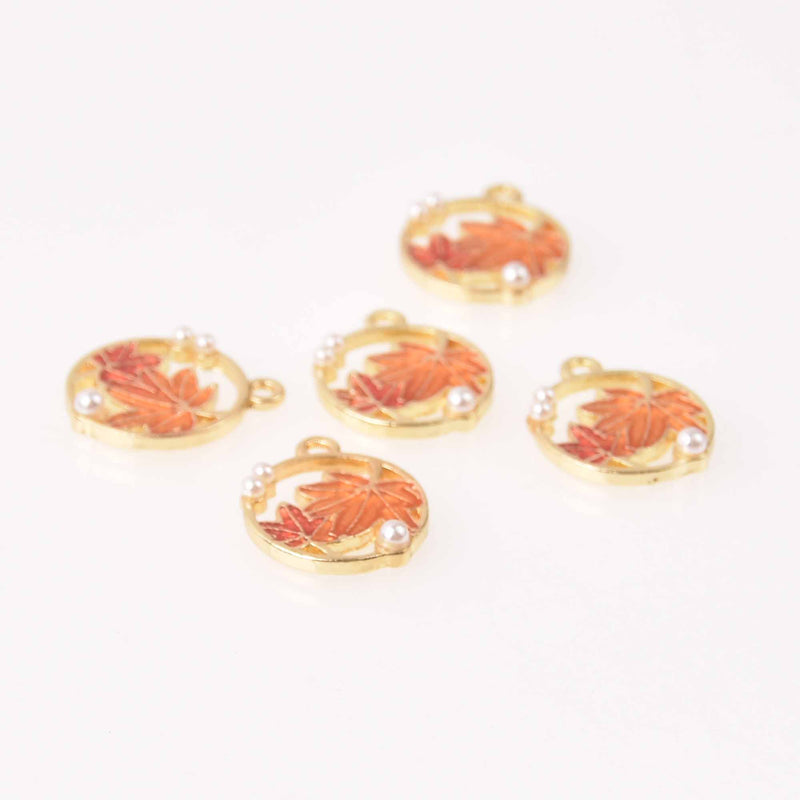 4 Enamel Leaf Charms Gold with Autumn Colors, faux pearls, chs7852