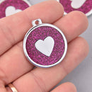 2 Dark Pink Heart Charms, Glitter Enamel with Silver, 34mm, chs7854