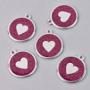 2 Dark Pink Heart Charms, Glitter Enamel with Silver, 34mm, chs7854
