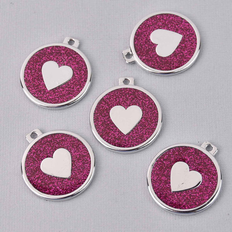 2 Dark Pink Heart Charms, Glitter Enamel with Silver, 34mm, chs7854