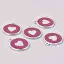 2 Dark Pink Heart Charms, Glitter Enamel with Silver, 34mm, chs7854