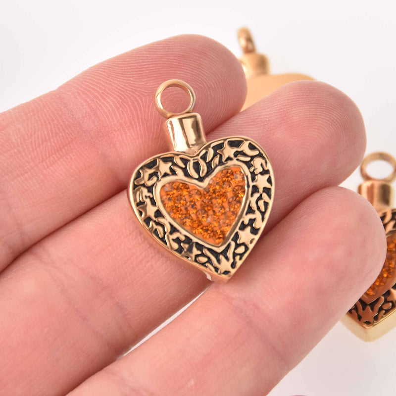 Cremation Ash Urn Charm Locket, Gold Stainless Steel with Topaz Crystals, 30mm x 20mm chs7855