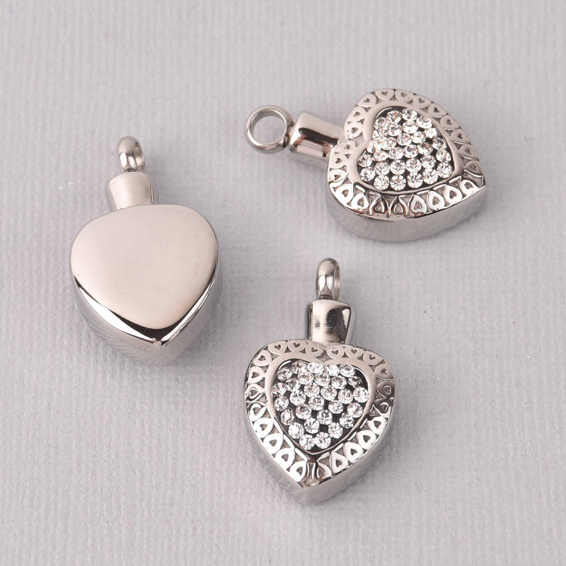Cremation Ash Urn Charm Locket, Silver Stainless Steel with Crystals, 30mm x 18mm chs7856