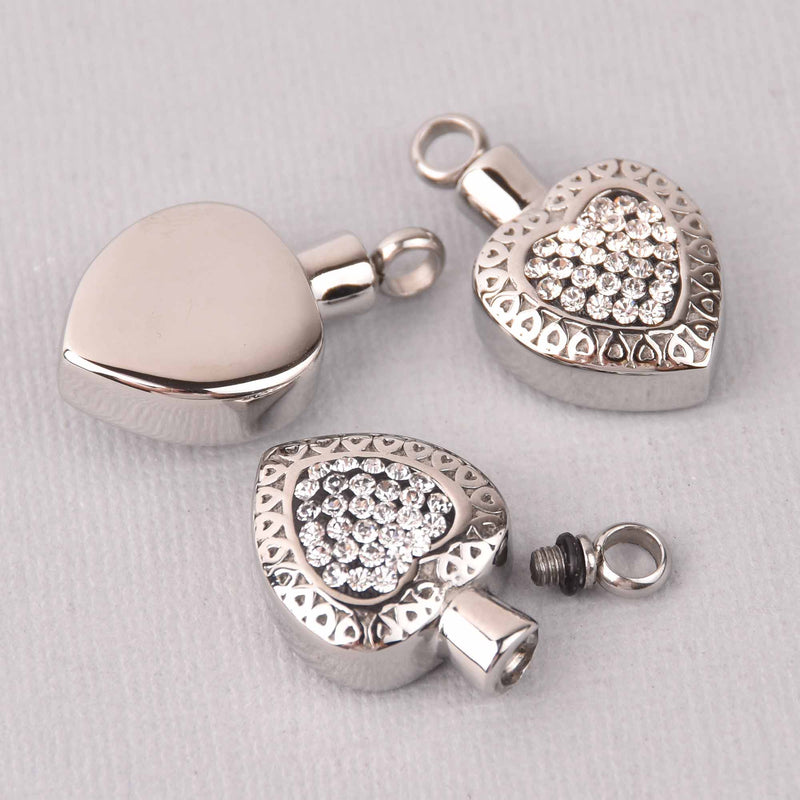 Cremation Ash Urn Charm Locket, Silver Stainless Steel with Crystals, 30mm x 18mm chs7856