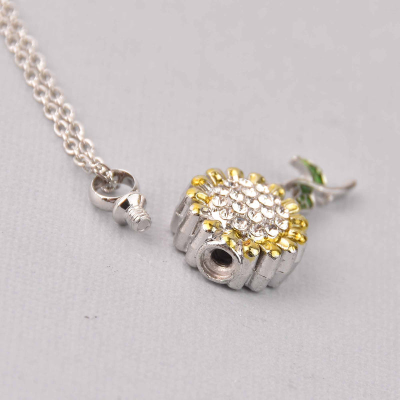 Cremation Ash Urn Charm Locket, Daisy Flower, Silver Stainless Steel with Crystals, 1.75", chs7857