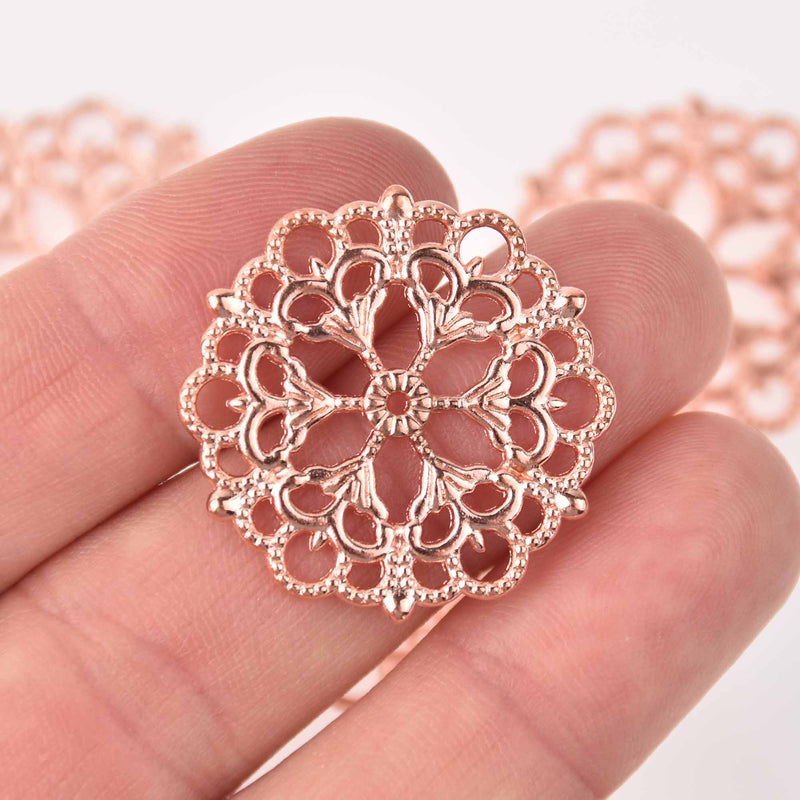 6 Rose Gold Filigree Round Charms flat findings 1.25" diameter chs7859