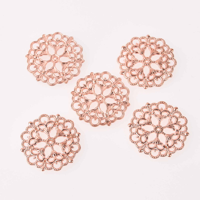 6 Rose Gold Filigree Round Charms flat findings 1.25" diameter chs7859