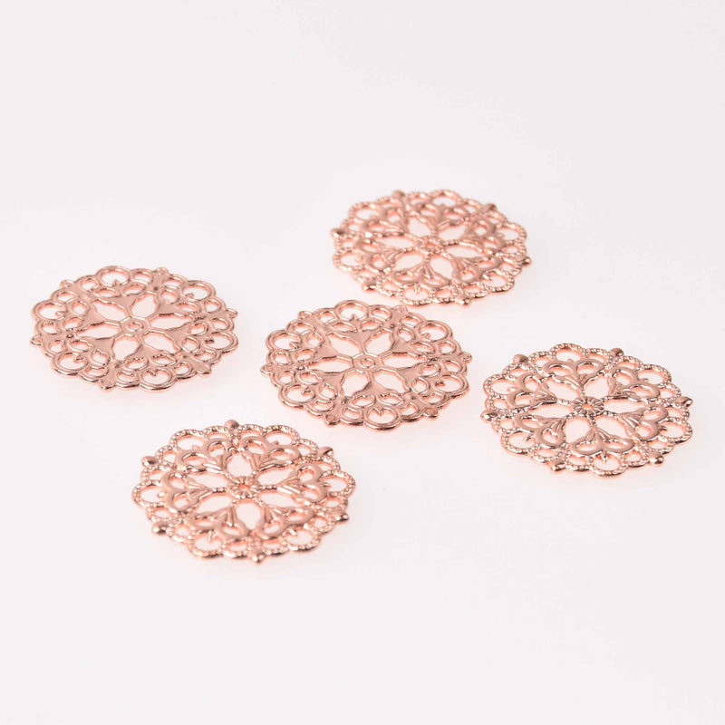 6 Rose Gold Filigree Round Charms flat findings 1.25" diameter chs7859