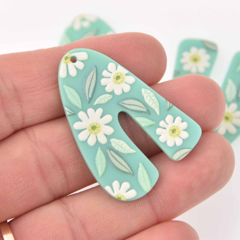 2 U Shape Charms, Flowers with Mint Acrylic, 40mm, chs7862