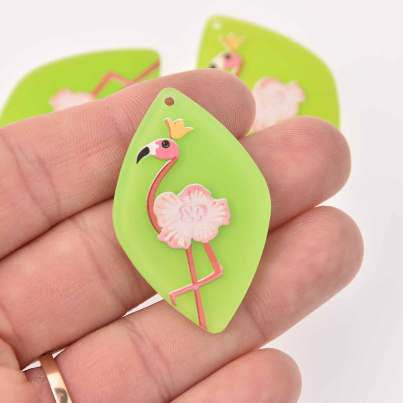 2 Flamingo Charms, Green Resin Acrylic, 45mm, chs7865