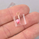 2 Pink Pressed Flower Cube Charms, Clear resin with dried flower, 14mm, chs7871