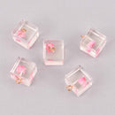 2 Pink Pressed Flower Cube Charms, Clear resin with dried flower, 14mm, chs7871