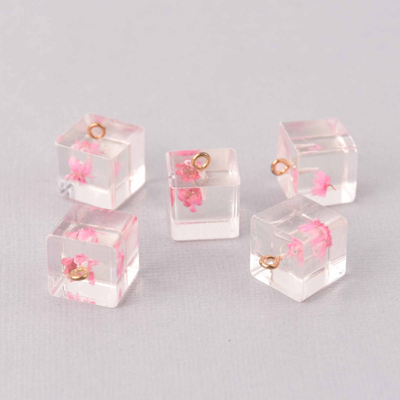 2 Pink Pressed Flower Cube Charms, Clear resin with dried flower, 14mm, chs7871