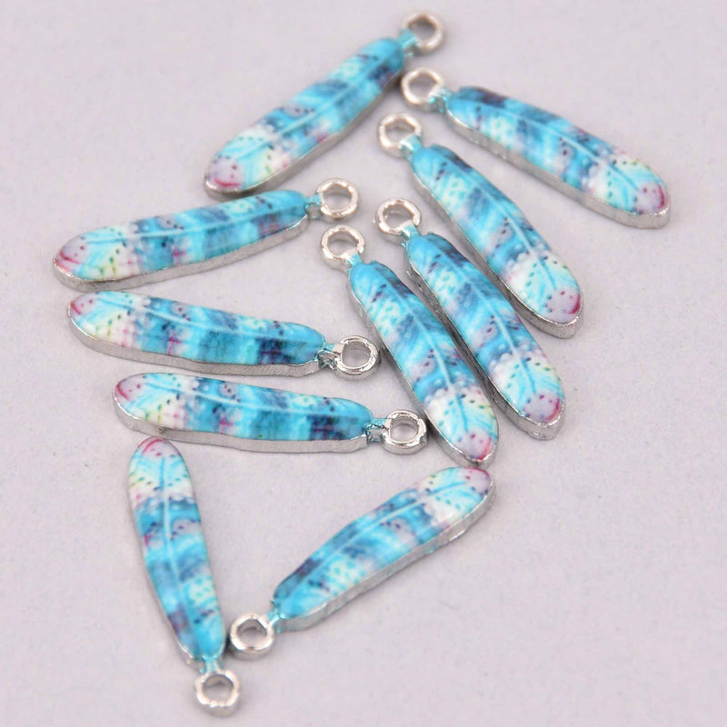 10 Blue Feather Charms, Silver Metal 23x5mm, chs7873