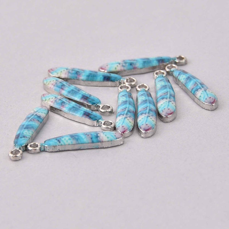 10 Blue Feather Charms, Silver Metal 23x5mm, chs7873