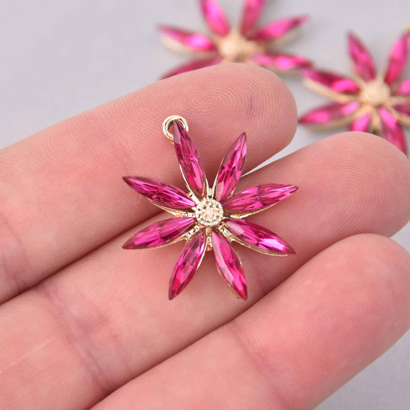 2 Pink Flower Charms, Rhinestones, 28mm, chs7875