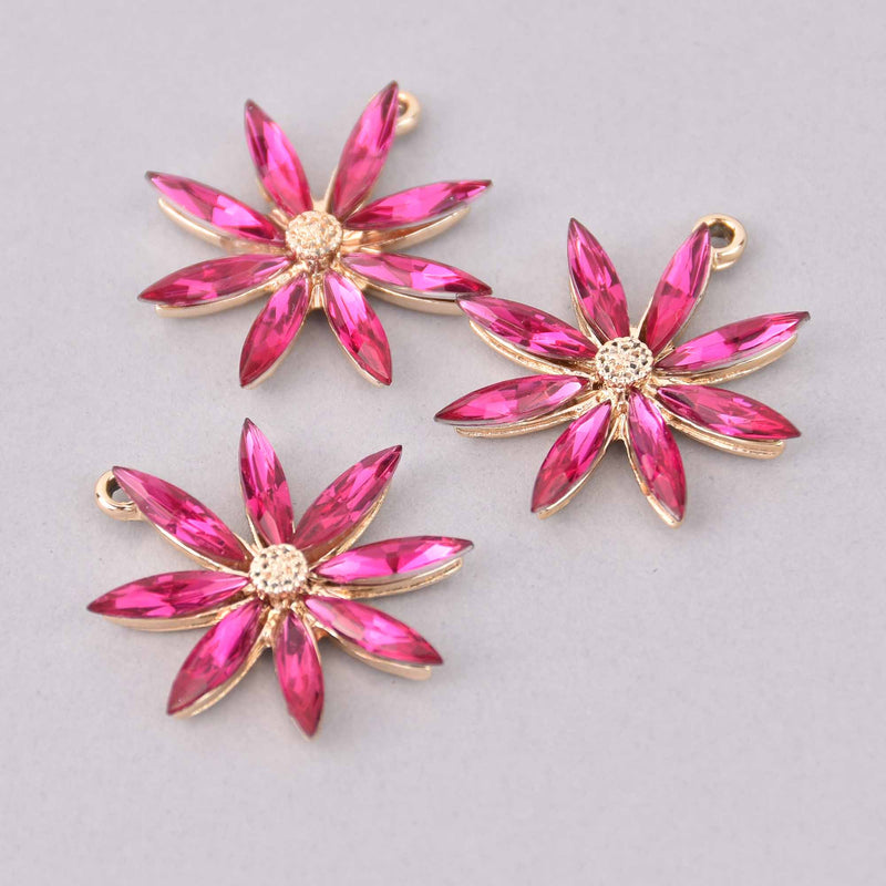 2 Pink Flower Charms, Rhinestones, 28mm, chs7875