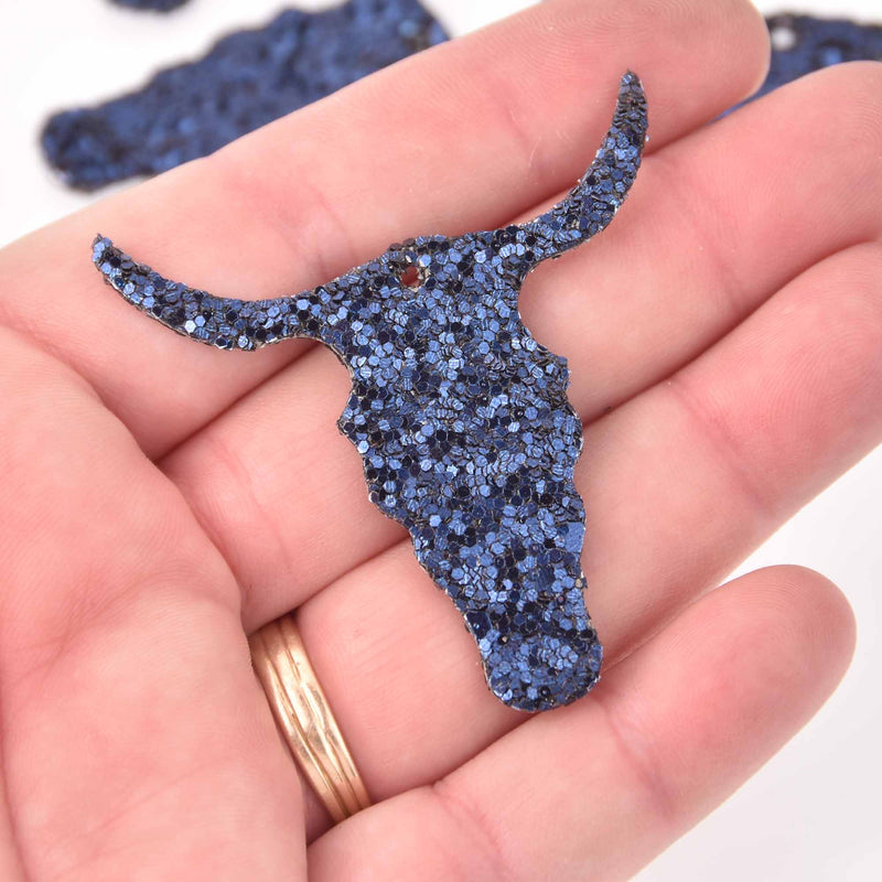 2 Navy Blue Faux Leather Steer Glitter Charms Vegan Leather, 2" long chs7877