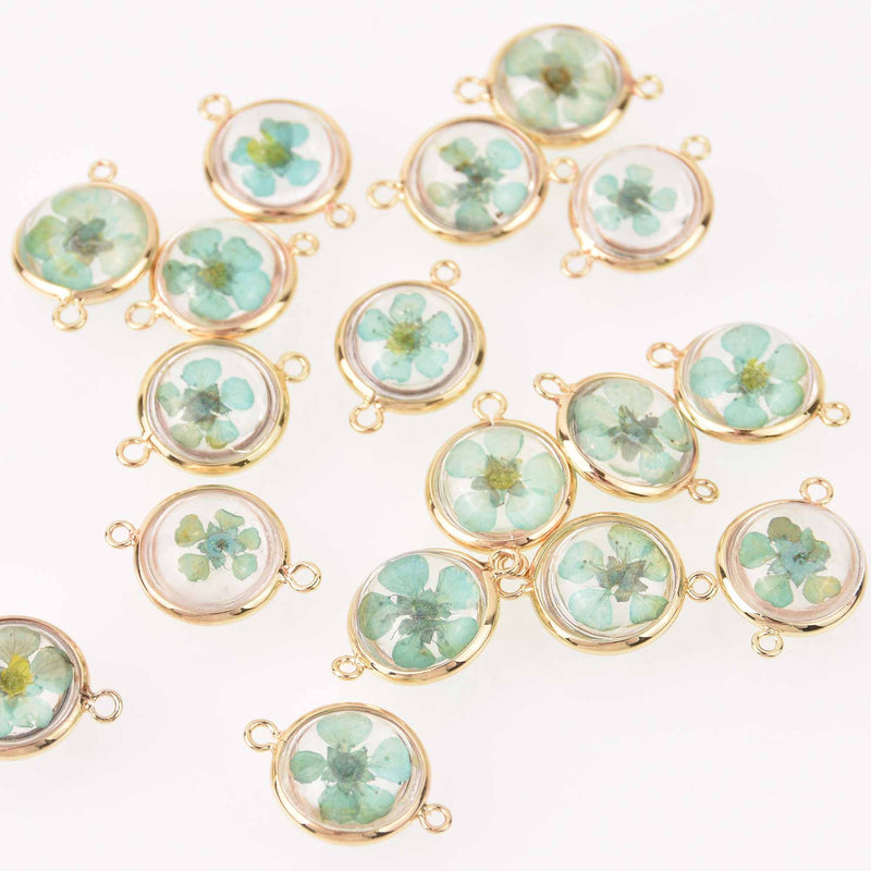 2 Blue Pressed Flower Charms, Glass with Gold Connector Bezel, chs7879