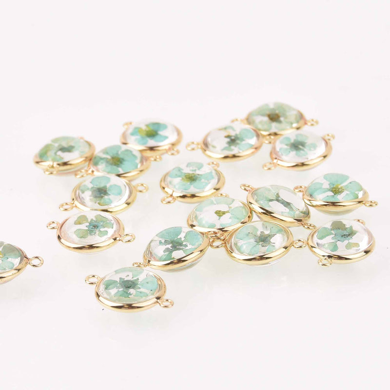 2 Blue Pressed Flower Charms, Glass with Gold Connector Bezel, chs7879