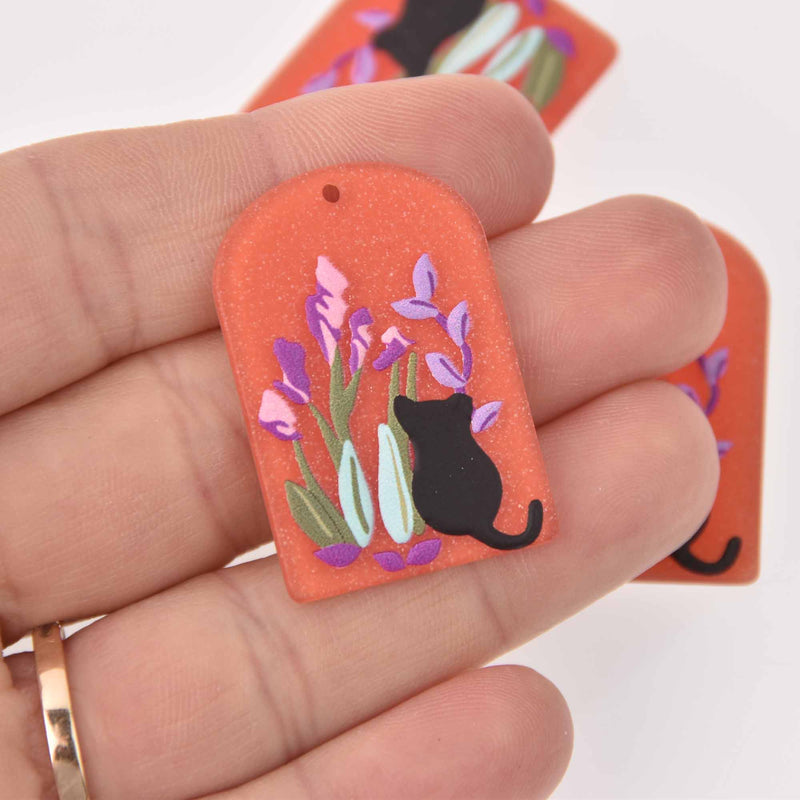 2 Cat Charms, Flowers on Orange Acrylic, 36mm, chs7896