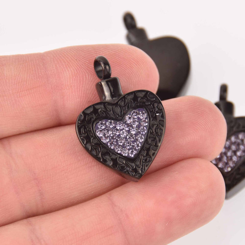 Cremation Ash Urn Charm Locket, Black Stainless Steel with Purple Crystals, 30mm x 20mm chs7897