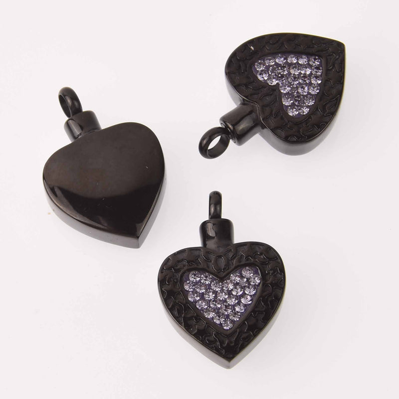 Cremation Ash Urn Charm Locket, Black Stainless Steel with Purple Crystals, 30mm x 20mm chs7897