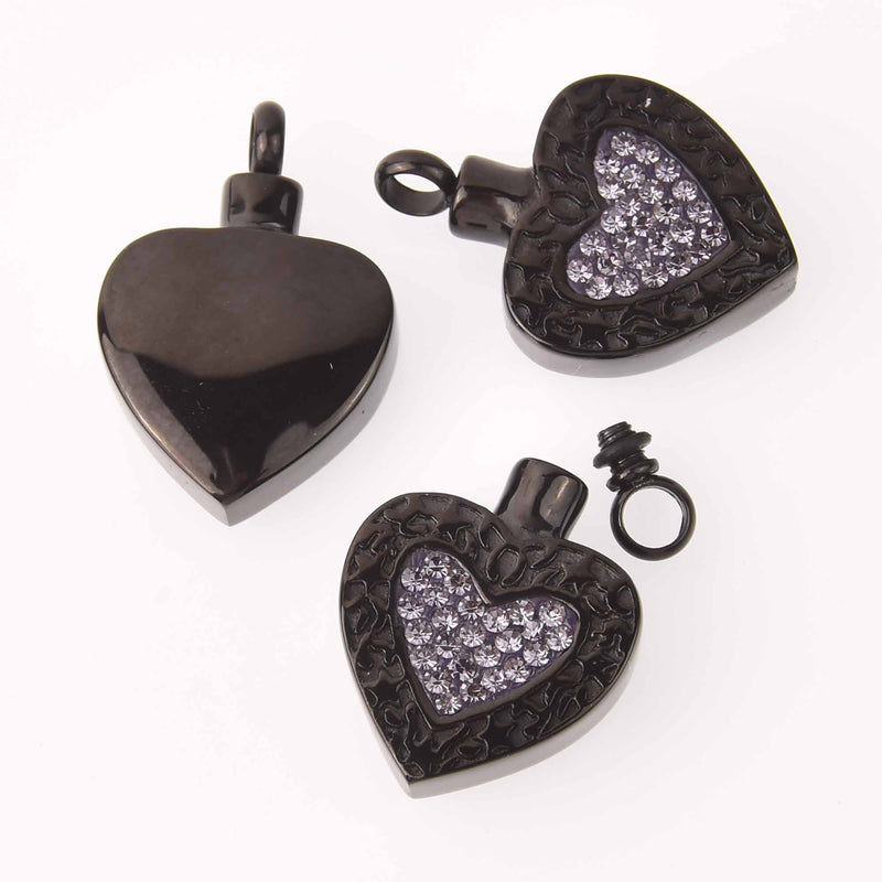 Cremation Ash Urn Charm Locket, Black Stainless Steel with Purple Crystals, 30mm x 20mm chs7897