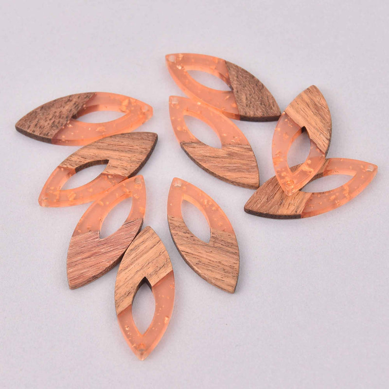 4 Marquis Charms, Gold Flakes with Peach Resin and Real Wood, 1.5", chs7901