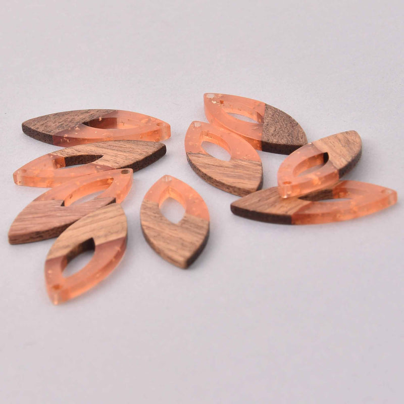 4 Marquis Charms, Gold Flakes with Peach Resin and Real Wood, 1.5", chs7901