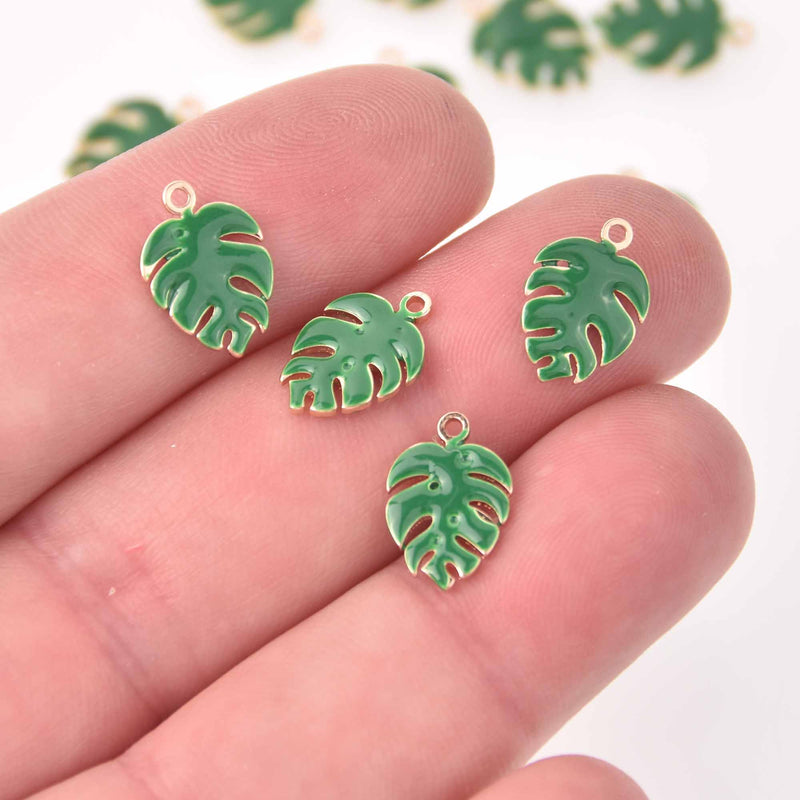 4 Green Monstera Leaf Charms, Gold with Enamel, 13mm, chs7904