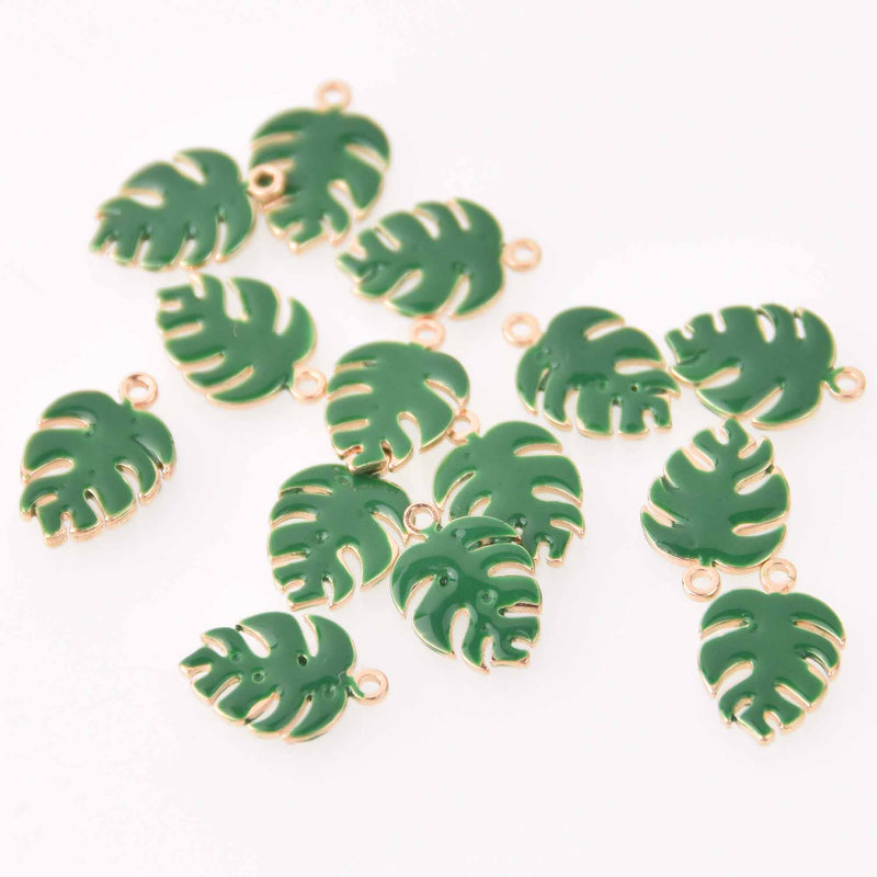 4 Green Monstera Leaf Charms, Gold with Enamel, 13mm, chs7904