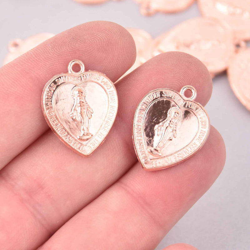 6 Saint Charms, Rose Gold Heart, Virgin Mary Rosary, 22mm, chs7909