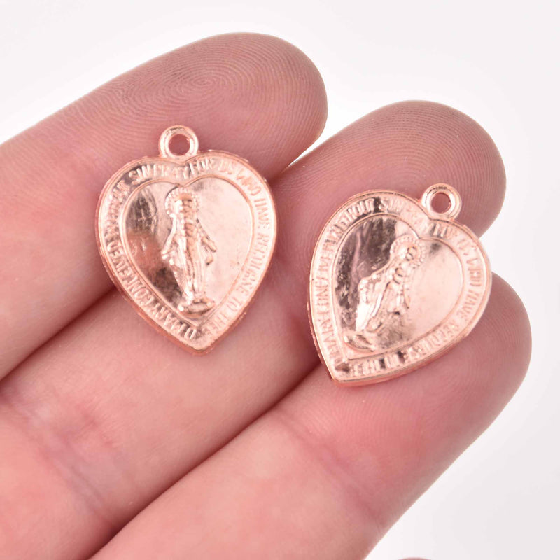 6 Saint Charms, Rose Gold Heart, Virgin Mary Rosary, 22mm, chs7909