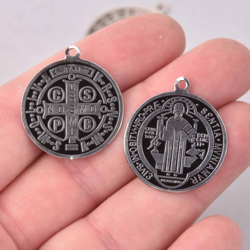 4 Saint Medal Charms, Stainless Steel and Black, 1", chs7911