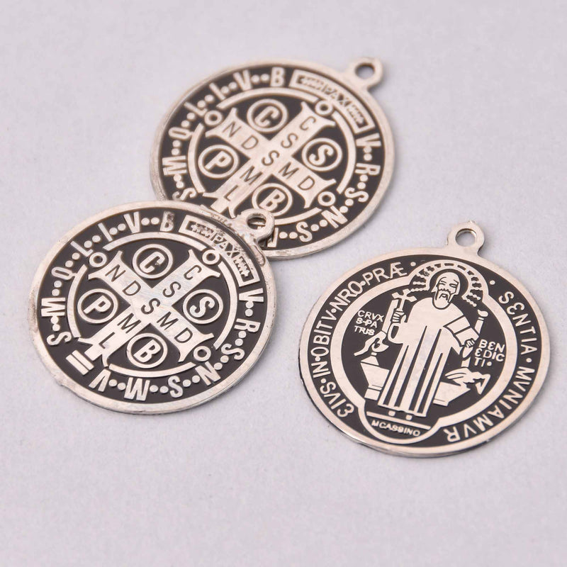 4 Saint Medal Charms, Stainless Steel and Black, 1", chs7911