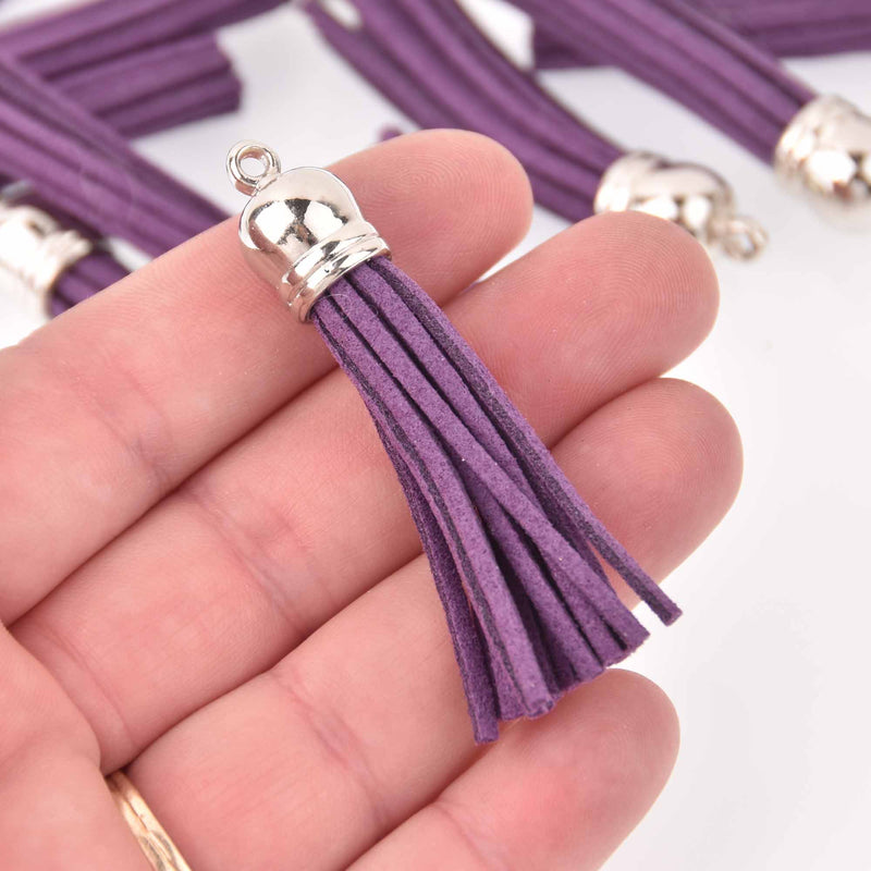 10 Purple Tassel Charms, silver topper, 2-3/8", chs7913