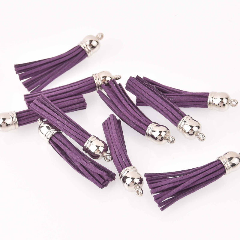 10 Purple Tassel Charms, silver topper, 2-3/8", chs7913