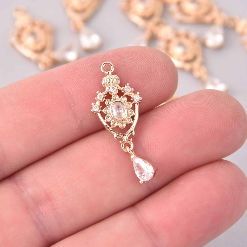 2 Crystal Drop Charms, Gold Plating, CZ Stones, chs7914