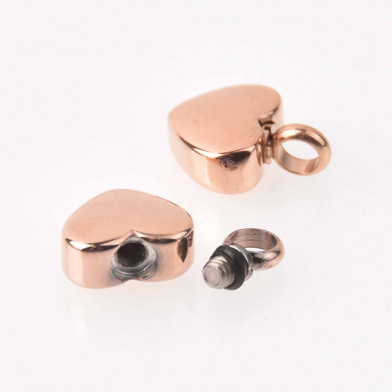 Rose Gold Heart Cremation Ash Urn Charm Locket Titanium Steel 15mm x 13mm chs7916