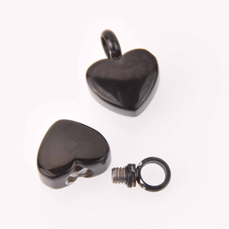 Black Heart Cremation Ash Urn Charm Locket Titanium Steel 15mm x 13mm chs7917