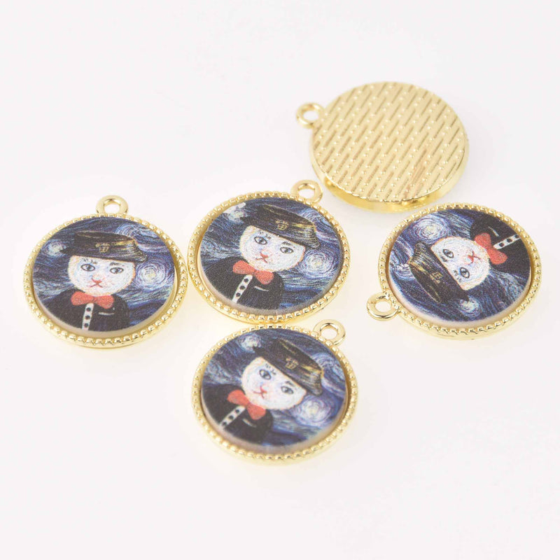 2 Cat van Gogh Charms, gold bezel, 24mm, chs7920