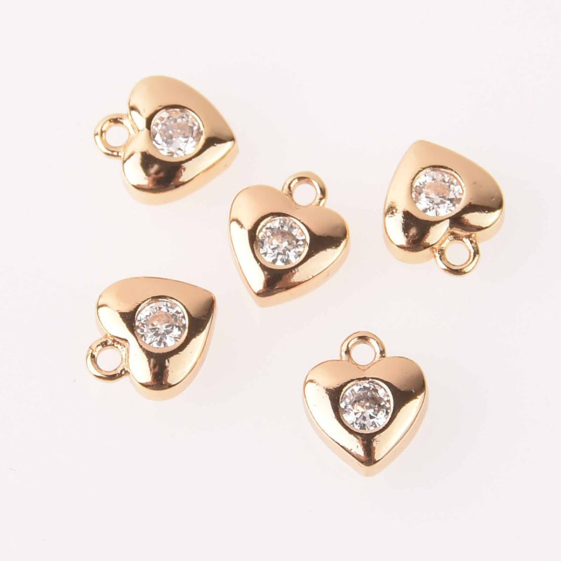 4 Gold Plated Small Heart Charms with crystal, 18kt gold plate, 8mm, chs7925