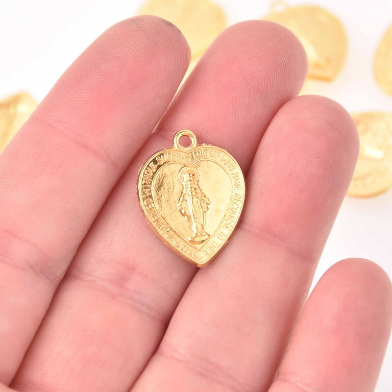 6 Saint Charms, Gold Heart, Virgin Mary Rosary, 22mm, chs7928