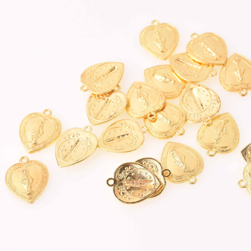 6 Saint Charms, Gold Heart, Virgin Mary Rosary, 22mm, chs7928