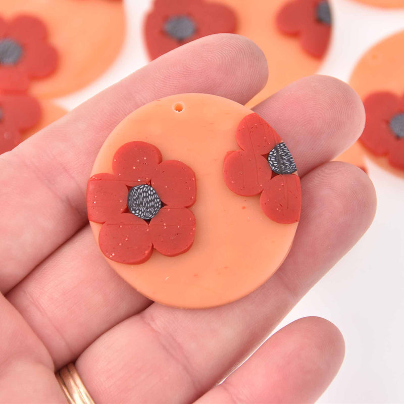 2 Flower Charms, Peach Polymer Clay, 40mm, chs7933