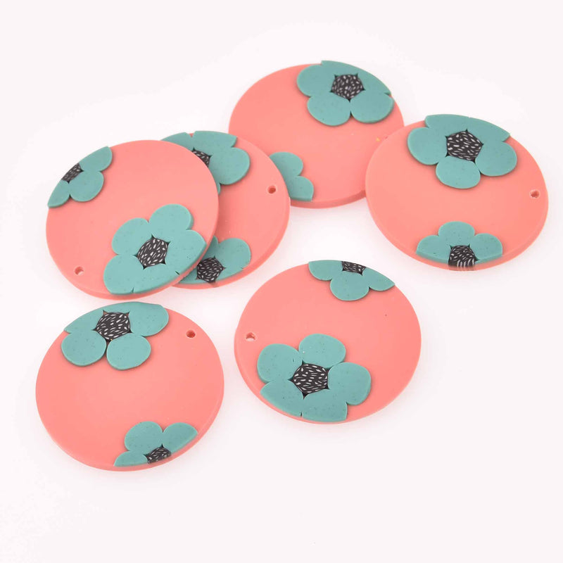 2 Flower Charms, Pink Polymer Clay, 40mm, chs7934