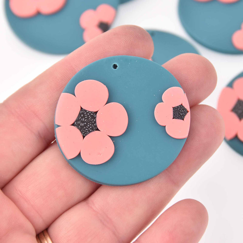 2 Flower Charms, Blue Polymer Clay, 40mm, chs7935