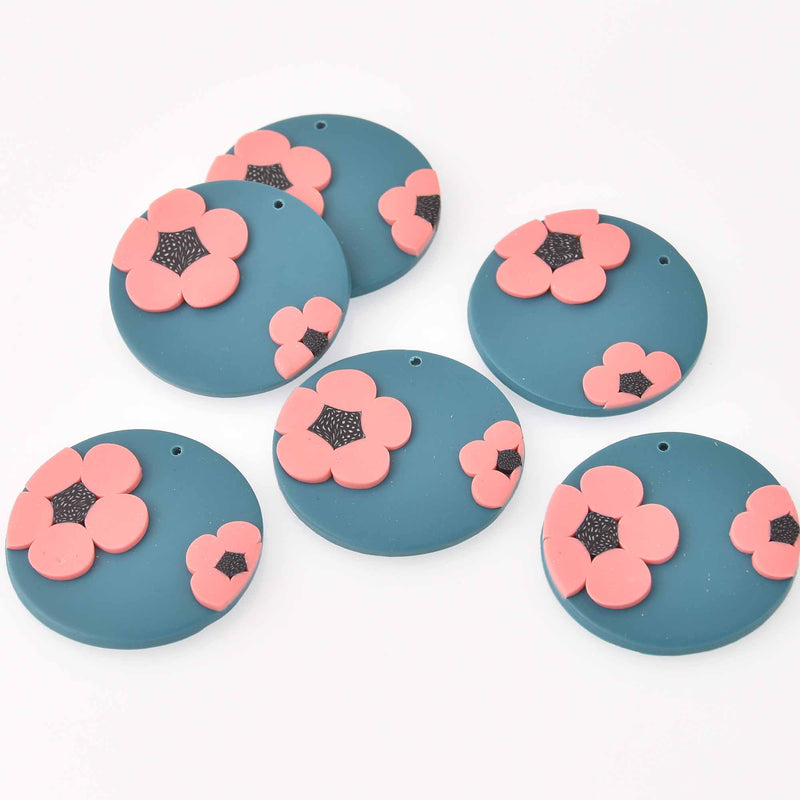 2 Flower Charms, Blue Polymer Clay, 40mm, chs7935